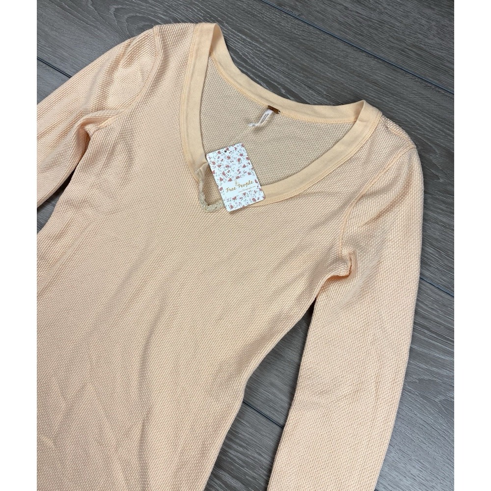 Free People Womens Kombucha Waffle Embroidered V Neck Thermal Peach Size L New